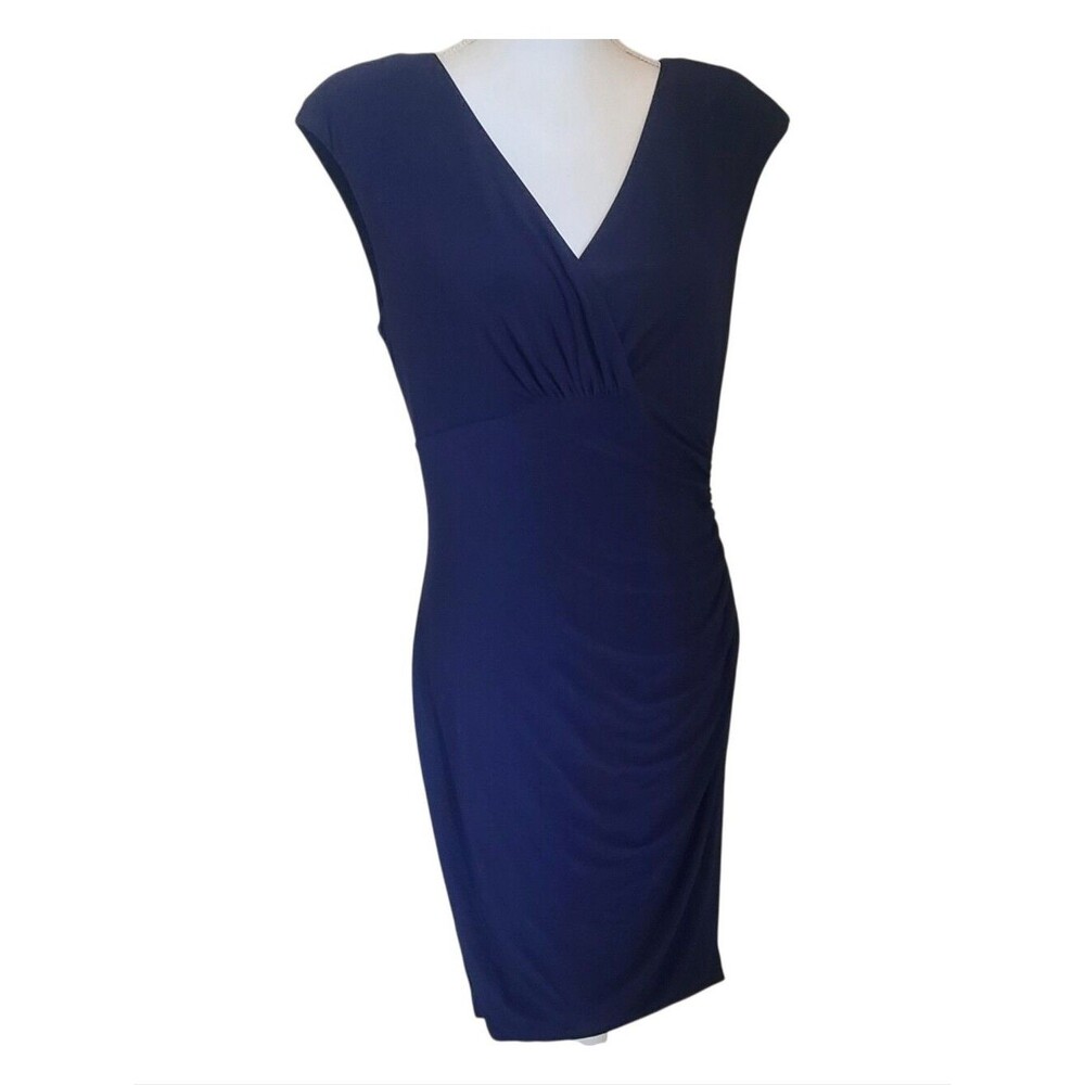 lauren ralph lauren navy surplice ruched jersey sheath dress navy blue size 12